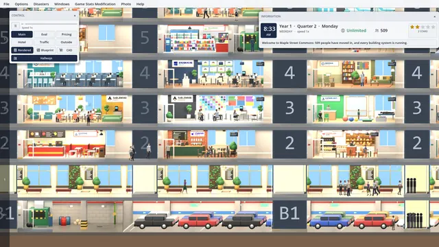 The morning rush in a 2D tower: the garage, the lobby, and the shops above it.