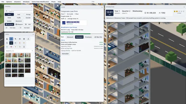 Close in on the 3D tower, with an office tenant's window open.