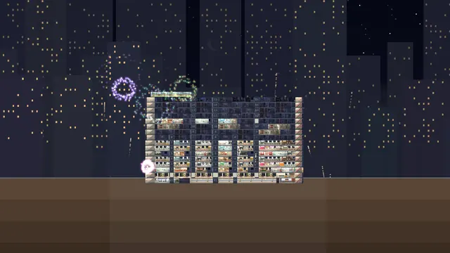 New Year's fireworks over a 2D tower.